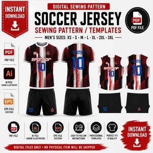 Op de afbeelding: Een digitaal naaipatroon voor een voetbalshirt en shortset. Het ontwerp heeft een rood, zwart en wit gestreept patroon met blauwe accenten. Het shirt toont de tekst SPONSOP en het nummer 10. Inclusief PDF-, AI- en EPS-bestandsformaten.