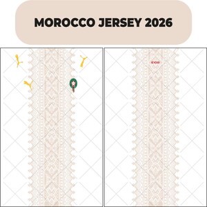 May include: White Morocco jersey for 2026 with a beige patterned design down the center. The jersey features the Puma logo in yellow and a team emblem. The text "MOROCCO JERSEY 2026" is at the top.