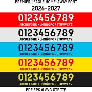 Può includere: Un grafico digitale che mostra il font Premier League Home-Away per il 2026-2027. Presenta cinque righe di numeri da 0 a 9 e l'alfabeto dalla A alla Z in vari colori, tra cui bianco, nero, blu scuro, rosso e giallo su sfondi a contrasto.