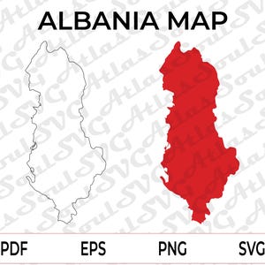 May include: A digital graphic of the Albania map in two styles: a red filled-in shape and a black outline. The text "ALBANIA MAP" is above the map. Below the map are the file format options: PDF, EPS, PNG, and SVG.