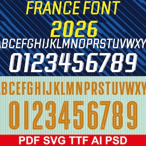 以下が含まれることがあります： FRANCE FONT 2026と題されたデジタルフォントの表示で、2組の英数字セットが特徴です。上のセットは青い背景に白、下のセットは薄緑色の背景にゴールドです。下部のテキストにはPDF SVG TTF AI PSDと記載されています。