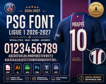 Set di caratteri per maglie da calcio PSG Ligue 1 2026-2027, formato vettoriale SVG (download digitale)