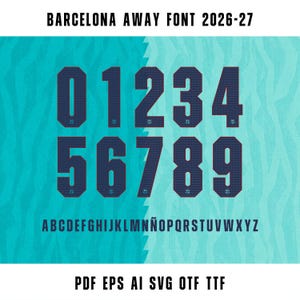 Op de afbeelding: Een digitale lettertypeset getiteld BARCELONA AWAY FONT 2026-27 met donkerblauwe cijfers 0 tot en met 9 met een gestippelde textuur en het volledige alfabet in hoofdletters. De tekens worden weergegeven tegen een gespleten groenblauwe en lichtblauwe achtergrond.