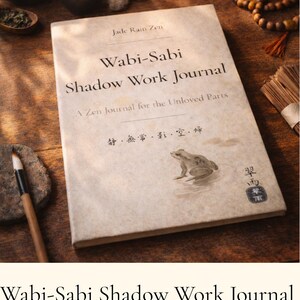 Puede incluir: Un diario beige titulado "Wabi-Sabi Shadow Work Journal" con el subtítulo "A Zen Journal for the Unloved Parts". La portada presenta una ilustración de rana y texto japonés. Otros elementos incluyen una tetera, tazas y cuentas.