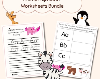 May include: A bundle of animal alphabet worksheets with a light pink background. The worksheets feature illustrations of animals, handwriting practice, and matching activities. The text reads "Animal Alphabet Worksheets Bundle" and "A is for Amazing Axolotl knows you're Amazing!"