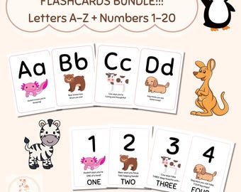 Paquete de tarjetas didácticas con el alfabeto y los números • ABC de animales + tarjetas de conteo del 1 al 20 • Aprendizaje preescolar para niños pequeños • PDF + JPG imprimibles
