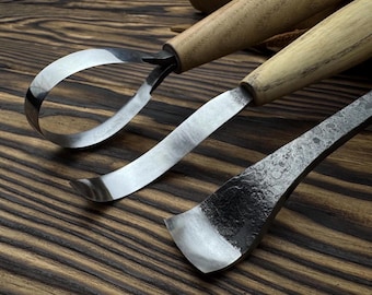 Zestaw narzędzi do rzeźbienia w drewnie – dłuto, nóż skorpion i nóż hakowy | Ostrza ze stali węglowej, skórzane etui