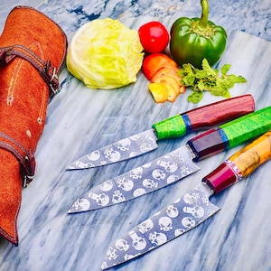 Skull Design Chef Knife Set: Stainless Steel with Leather Sheath