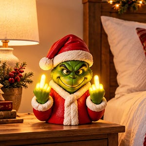 Peut inclure: Une figurine verte ressemblant au Grinch, vêtue d'un bonnet et d'un manteau de Père Noël rouge et blanc. Le personnage a une expression malicieuse et lève ses deux majeurs, qui sont illuminés par une lumière jaune chaude et rayonnante.