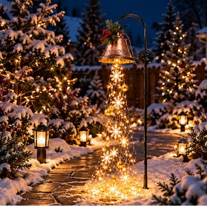 Può includere: Una campana in metallo color rame appesa a un gancio da pastore nero, decorata con aghi di pino verdi e bacche rosse. Una cascata di luci LED bianco caldo a forma di fiocchi di neve e piccole sfere dorate scende dalla campana.