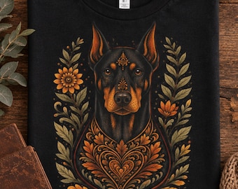Doberman Shirt, Floral Dobie Folk Art Tee, Cotton Dog Dad Top, Dark Botanical Pinscher Lover Gift, Moody Graphic T-shirt Dog Owner