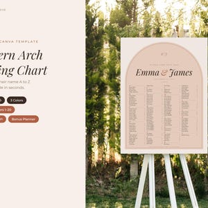 Op de afbeelding: Een sjabloon voor een tafelindeling met een groot boogontwerp in zachte beige en bruine tinten. De tekst luidt Modern Arch Seating Chart, Emma & James, en bevat kolommen met gastennamen gerangschikt op tafelnummers.