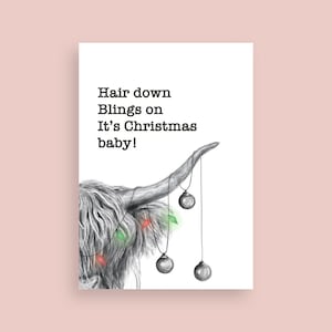 Christmas Cards Xmas Card Festive Funny Original Hand-made Hand-drawn Illustration Highland Cattle Pencil Sketch