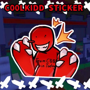 Puede incluir: Una pegatina roja que muestra un personaje de dibujos animados con una amplia sonrisa, garras blancas afiladas y una camiseta roja con el texto Team CQQ Join Today. La pegatina tiene un borde blanco sobre un fondo con iconos de espadas y el texto COOLKIDD STICKER.
