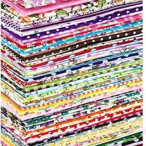 May include: A stack of colorful fabric squares with various floral and patterned designs. The fabrics feature a range of colors, including pink, purple, blue, and green, and are suitable for quilting or crafting projects.