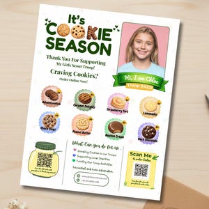 Könnte beinhalten: Ein Flyer mit dem Text "It's Cookie Season" und Bildern von Keksen. Er enthält ein Foto eines Mädchens und den Text "Hi, I am Chloe, Troop 54321." Der Flyer listet auch Keks-Sorten und einen QR-Code zur Online-Bestellung auf.