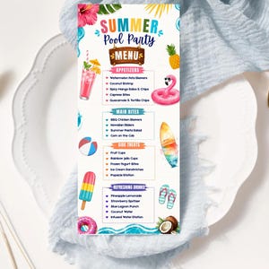 Mall för poolpartymeny, sommarfödelsedagsmenykort, matmeny för barnplaskfest, redigerbar utskrivbar canvas