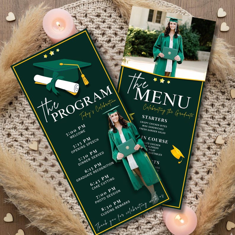 Graduation Program and Menu Template, Green Gold Class of 2026 Editable ...
