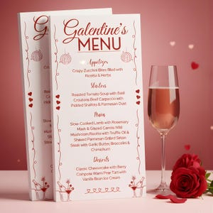 Peut inclure: Deux menus de la Saint-Valentin avec un verre de vin et une rose rouge. Les menus sont blancs avec du texte et des éléments décoratifs rouges. Le menu comprend des entrées, des plats, des plats principaux et des desserts.