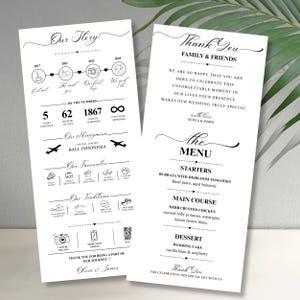 Könnte beinhalten: Zwei vertikale, weiße Hochzeitskarten mit schwarzem Text und Symbolen. Die linke Karte zeigt eine Zeitleiste, Statistiken, Flitterwochen-Details, Favoriten und Traditionen. Die rechte Karte enthält eine Dankesnachricht, das Menü und einen Schluss.