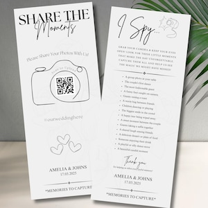 Wedding QR Code Sign Template, I Spy Wedding Game, Editable Canva Reception Photo Sharing Activity Bundle