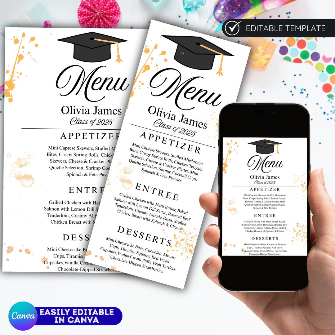 Graduation Puple Menu Card Editable Graduation Menu Template, Modern Event Grad Dinner Party ...