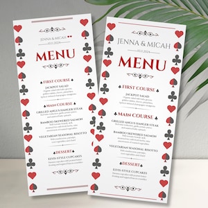 Playing Card Wedding Menu, Elegant Casino Reception Dinner Menu Template, Red Black Poker Theme Table Card, Printable Digital Download