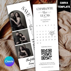 Könnte beinhalten: Schwarz-weiß Hochzeitskarten-Vorlage mit Fotos eines Paares. Links steht "SAVE the DATE", rechts ein Kalender, QR-Code und die Namen "Charlotte the Lucas". Die Hochzeit findet im August statt.