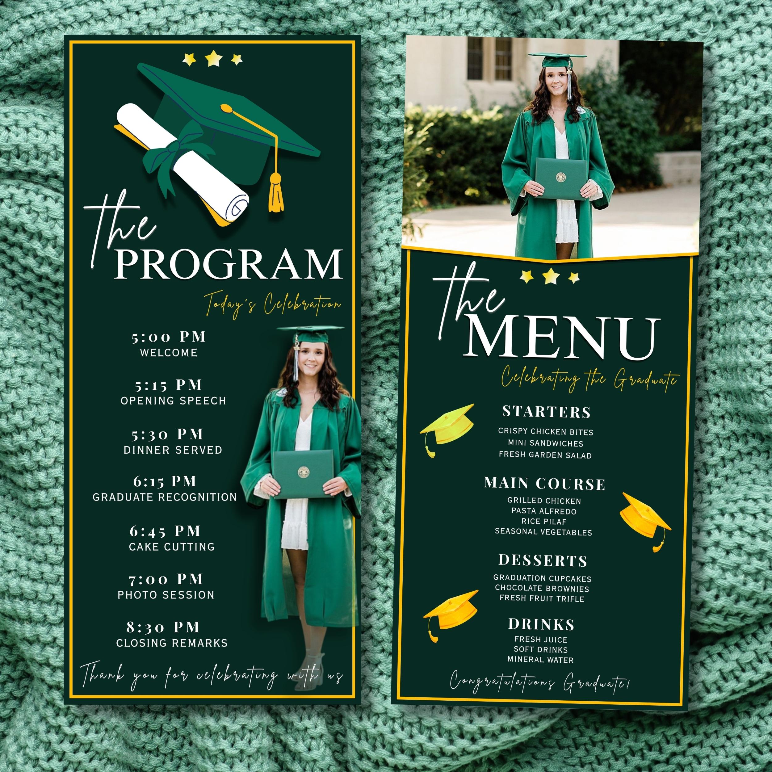 Graduation Program and Menu Template, Green Gold Class of 2026 Editable ...