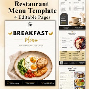 Könnte beinhalten: Restaurant-Menüvorlage mit vier bearbeitbaren Seiten. Das Design zeigt eine Frühstückskarte mit einem Teller mit Speisen, darunter Eier, Avocado und Tomaten. Zusätzliche Menüabschnitte sind enthalten.
