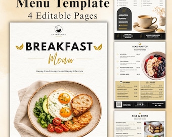 Redigerbar frukostmenymall Canva, modern restaurangmenypaket, utskrivbar cafébrunchmeny, flersidig A4, direktnedladdning