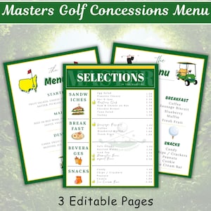 Könnte beinhalten: Ein grünes und weißes Masters Golf Concessions Menü mit drei bearbeitbaren Seiten. Die Speisekarte enthält Auswahlen für Sandwiches, Frühstück, Getränke und Snacks. Die Speisekarte enthält Illustrationen von Golf-bezogenen Artikeln.