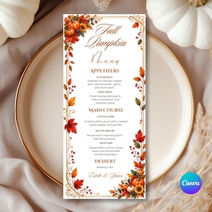 Könnte beinhalten: Eine vertikale, rechteckige Menükarte mit der Überschrift Fall Pumpkin Menu und Abschnitten für Vorspeisen, Hauptgerichte und Desserts. Der Rand ist mit Illustrationen von orangefarbenen Kürbissen, Sonnenblumen und herbstlichen Blättern verziert.