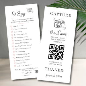 May include: Two white cards with black text and illustrations. One card says "9 Spy" and lists photo ideas for a wedding reception. The other card says "Capture the Love" and includes a QR code for sharing photos. Both cards say "Thanks!"