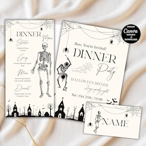 Może przedstawiać: Zestaw papeterii o tematyce Halloween z menu obiadowym, zaproszeniem i wizytówką. Projekty przedstawiają szkielety, pajęczyny i sylwetki w kolorze czarnym na kremowym tle. Na zaproszeniu widnieje napis: "Boo, You're Invited! Dinner Party."