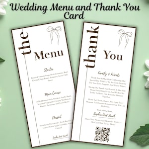 Könnte beinhalten: Hochzeitskarten-Set mit Menü und Dankeskarte. Das Menü listet Vorspeisen, Hauptgerichte und Desserts auf. Die Dankeskarte drückt Dankbarkeit aus. Beide Karten haben ein minimalistisches Design mit brauner Schrift.