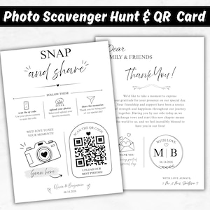 Könnte beinhalten: Zwei weiße rechteckige Karten mit schwarzem Text und Strichzeichnungen. Die linke Karte zeigt den Text SNAP and share, Anweisungen für eine Fotosuche, einen QR-Code sowie die Namen Olivia & Benjamin mit dem Datum 06.14.2026. Die rechte Karte ist eine Dankeskarte.