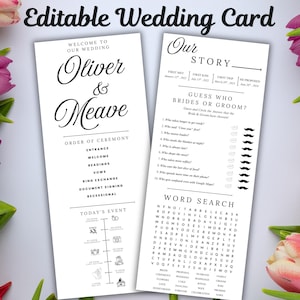 Könnte beinhalten: Zweiseitige Hochzeitskarte mit dem Text "Editable Wedding Card" oben. Eine Seite listet die Reihenfolge der Zeremonie auf, die andere Seite hat ein Wortsuchspiel und ein "Wer ist es?"-Spiel. Die Karte ist weiß mit schwarzem Text und floralen Akzenten.