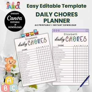 Könnte beinhalten: Eine druckbare tägliche Aufgabenplaner-Vorlage mit dem Text "Daily Chores Planner" und "Easy Editable Template". Der Planer enthält eine Checkliste mit Aufgaben wie "Make my bed".