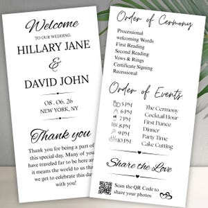 Könnte beinhalten: Zwei weiße Hochzeitskarten mit schwarzem Text. Die linke Karte zeigt Welcome to our wedding, Hillary Jane and David John, 08.06.26, New York, NY und Thank you. Die rechte Karte listet Order of Ceremony, Order of Events mit Symbolen und Share the Love.
