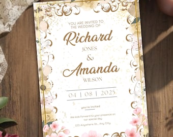 Editable Floral Wedding Invitation Canva, Elegant Wedding Invite Template, Modern Printable Wedding Evite, Instant Digital Download