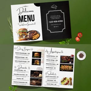 Könnte beinhalten: Eine Restaurantkarte mit einem schwarz-weißen Design. Das Cover zeigt den Text "Delicious MENU" und Bilder eines Burgers und Steaks. Im Inneren listet die Speisekarte Burger, Vorspeisen, Desserts und Salate mit Preisen auf.