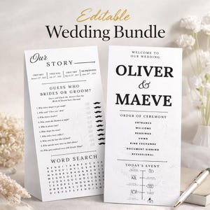 Könnte beinhalten: Ein Hochzeitsbundle mit zwei weißen Papierschildern. Ein Schild trägt die Aufschrift "Our Story" und enthält ein Wortsuchrätsel und ein "Guess Who"-Spiel. Das andere Schild trägt die Aufschrift "Welcome to Our Wedding" mit den Namen "Oliver & Maeve".