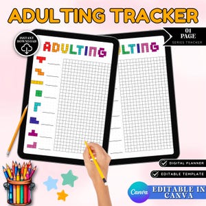 Könnte beinhalten: Zwei schwarze Tablets mit einem "ADULTING TRACKER" mit Rasterlayout. Der Text "ADULTING" ist in bunten Blockbuchstaben gehalten. Eine Hand hält einen gelben Bleistift. Das Bild enthält Text: "SOFORT-DOWNLOAD", "01 SEITE", "DIGITALER PLANER" und "BEARBEITBAR IN CANVA".