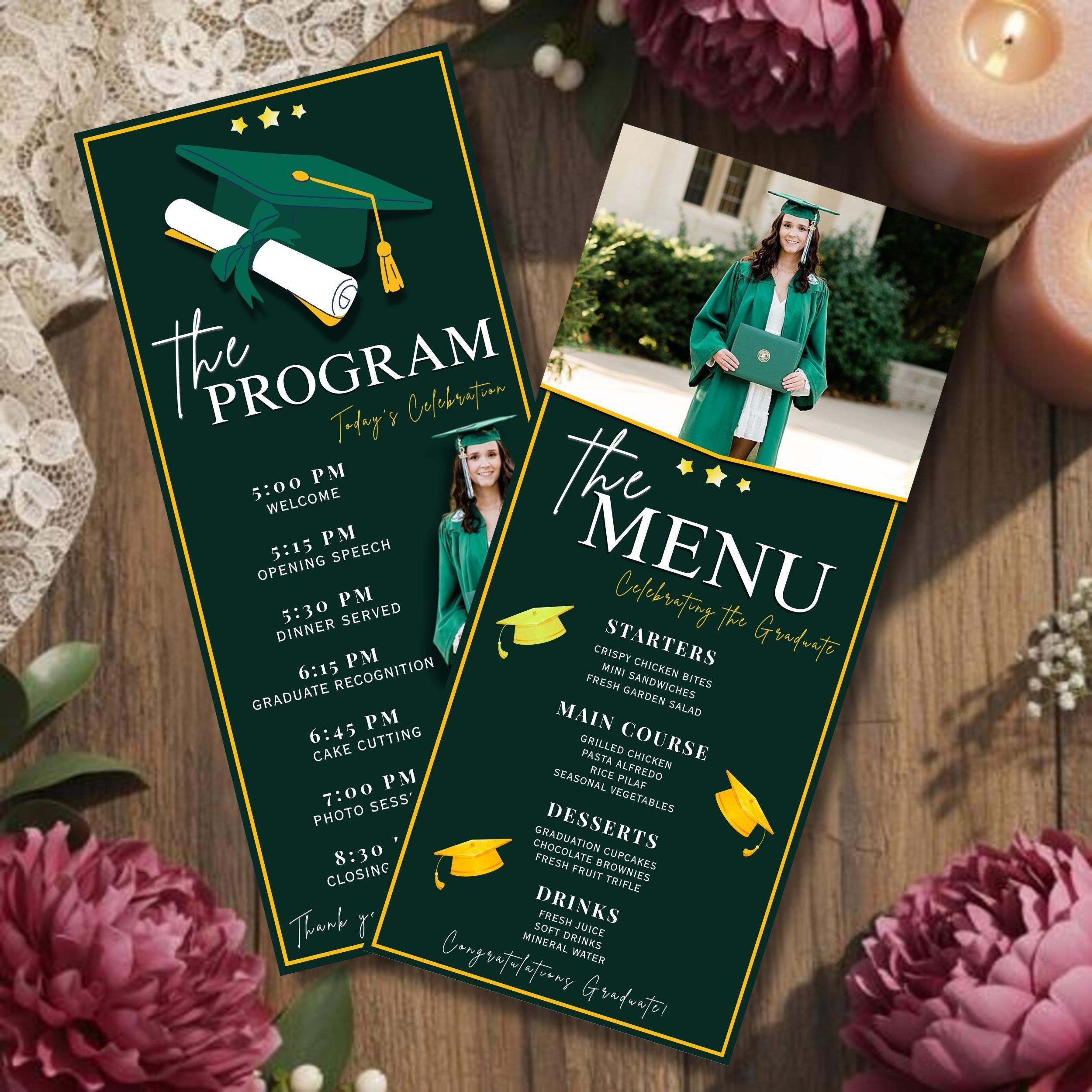 Graduation Program and Menu Template, Green Gold Class of 2026 Editable ...