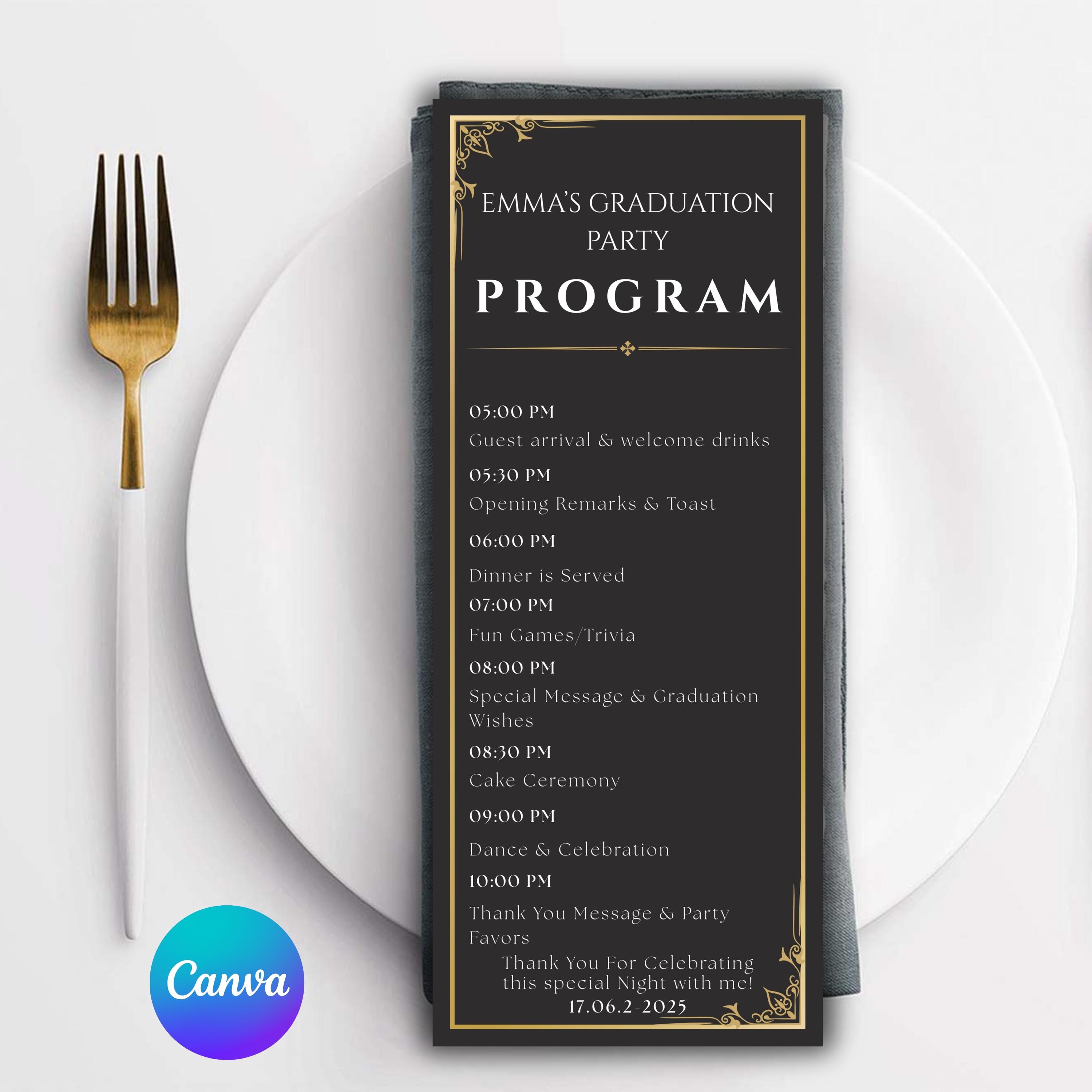 Editable Graduation Party Menu Template, Black and Gold Dinner Program ...