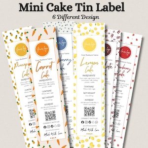 May include: Six mini cake tin labels with various designs. Each label showcases a different flavour, such as pineapple, carrot, berry, lemon, chocolate, and strawberry. The labels include space for business names and ingredient lists, with a net weight of 200g.