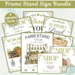 Könnte beinhalten: Ein Bündel von acht bearbeitbaren Hofladen-Schildern mit grünen botanischen Akzenten und Texten wie Farm Stand, Honor System, Support Local, Scan Here, Price List und Shop is Open. Die Designs enthalten Illustrationen von Produkten.