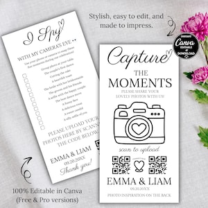 Könnte beinhalten: Zwei weiße Karten mit schwarzem Text und Grafiken. Eine Karte sagt "I Spy" mit einer Liste von Fotoaufforderungen. Die andere sagt "Capture the Moments" mit einer Kameragrafik und QR-Codes. Beide Karten enthalten Namen und ein Datum.