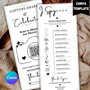 Könnte beinhalten: Zwei weiße Hochzeits-Aktivitätskarten mit schwarzem Text. Auf einer steht "Capture, Share & Celebrate" mit einem QR-Code und "Thank You". Auf der anderen steht "I Spy" mit einer Fotoliste. Canva-Vorlage.